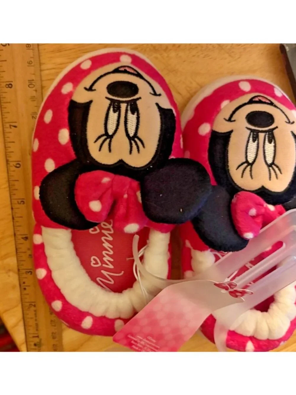 Girls Disney Jr Minnie Mouse Pink Polka Dots Slippers Plush Indoor Shoes L/9-10